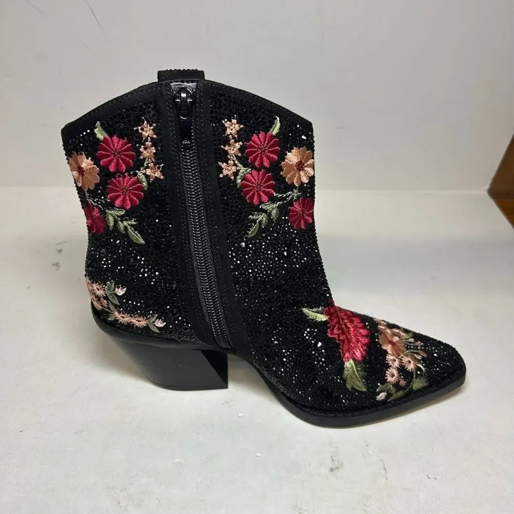 INC Womens 5.5 M Black Embellished Jersey Block Heel Cowboy Booties DISPLAY QX1